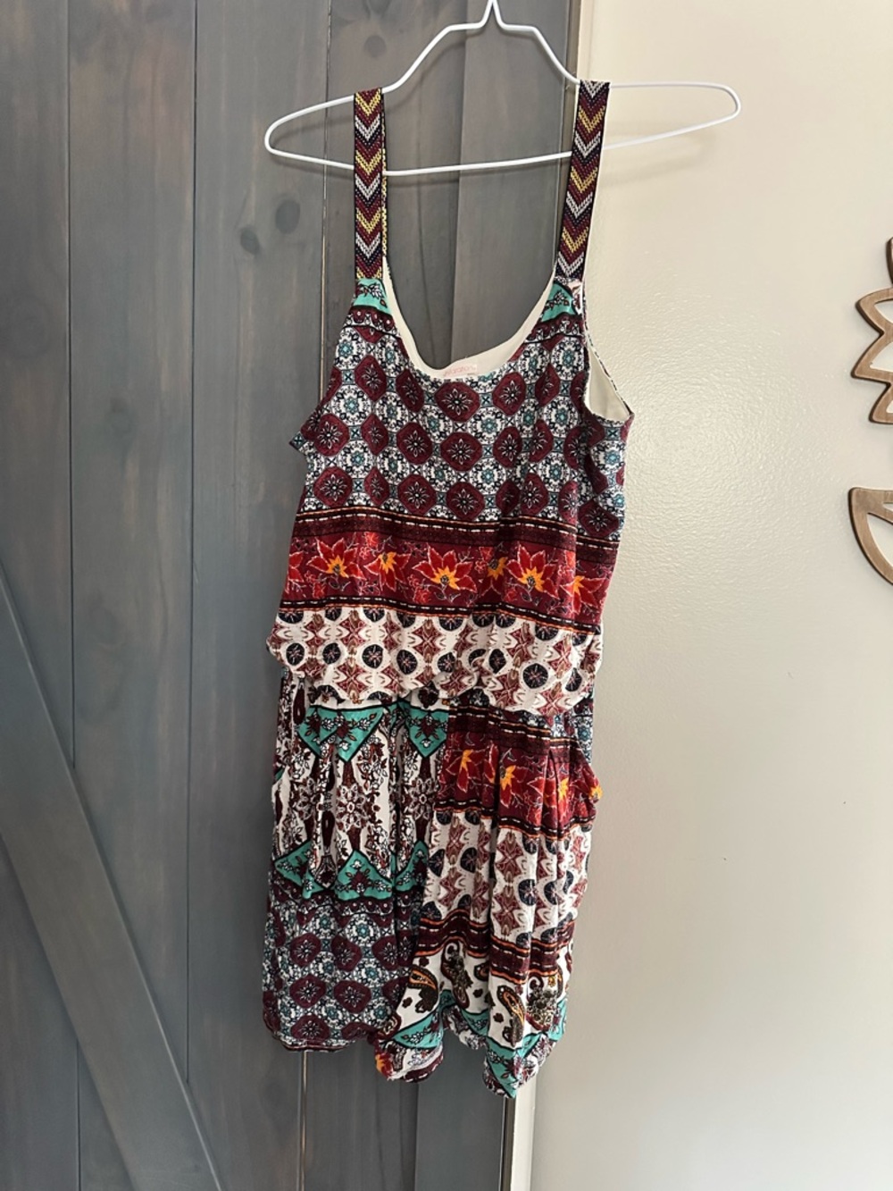 Xhilaration Mixed-Print Mini Dress in Burgundy, Teal & Cream